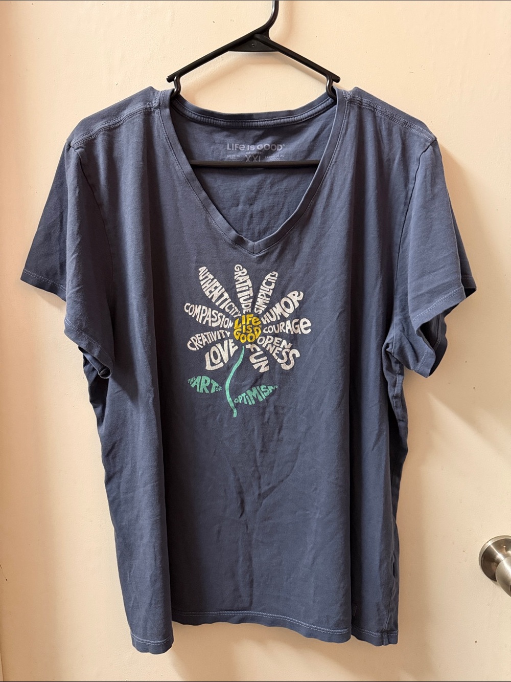 Life Is Good Navy V-Neck Short Sleeve Tee with Word Flower Graphic